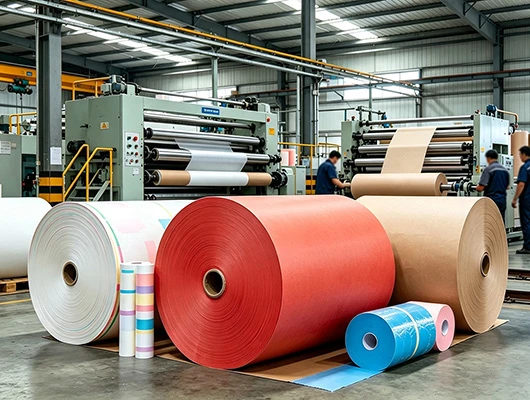 Paper jumbo rolls inside converting production facility